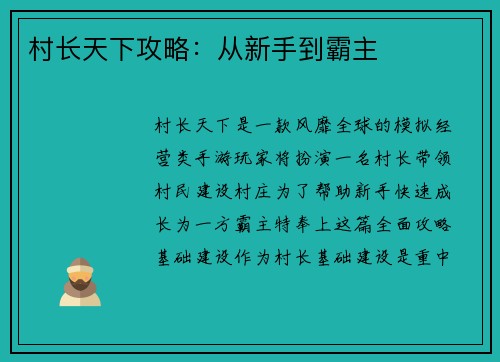 村长天下攻略：从新手到霸主